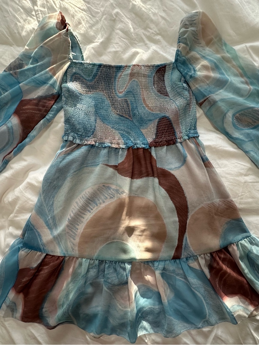 NWT Aritzia Wilfred Tempest Mini Dress โ Abstract Blue/Brown Swirl (Size Small)